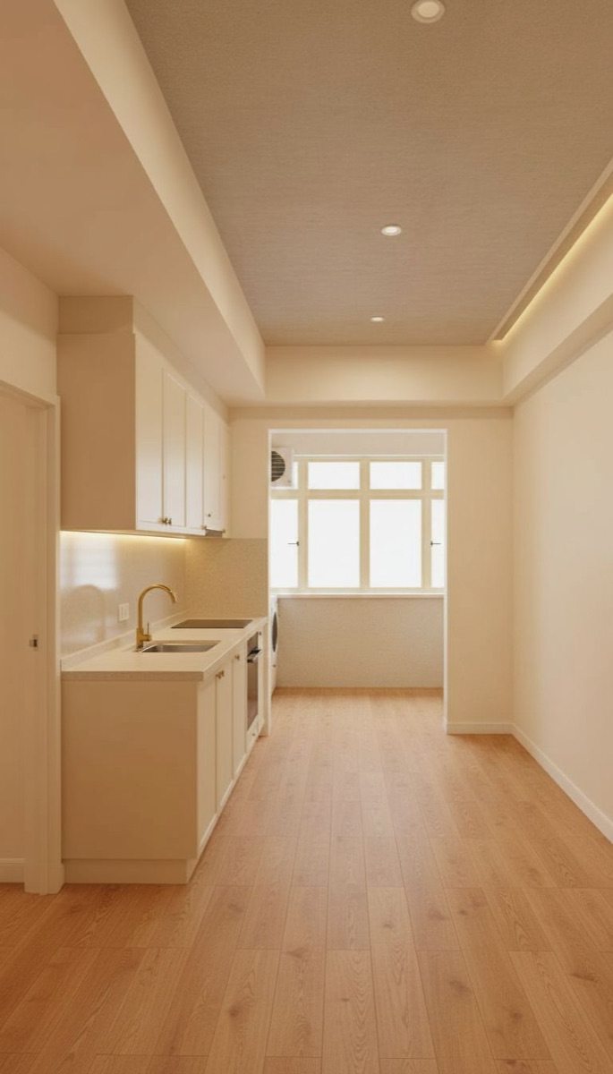 AI render of the HDB kitchen after one audit-driven re-edit