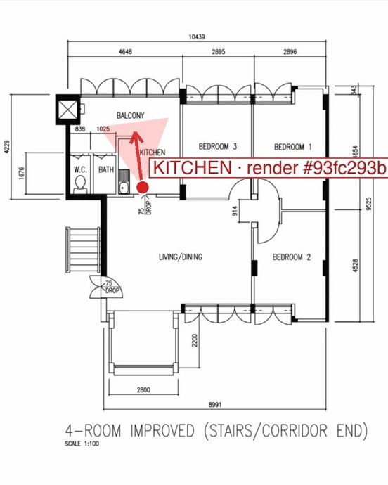 Floor plan with camera position marker and view cone for the kitchen render